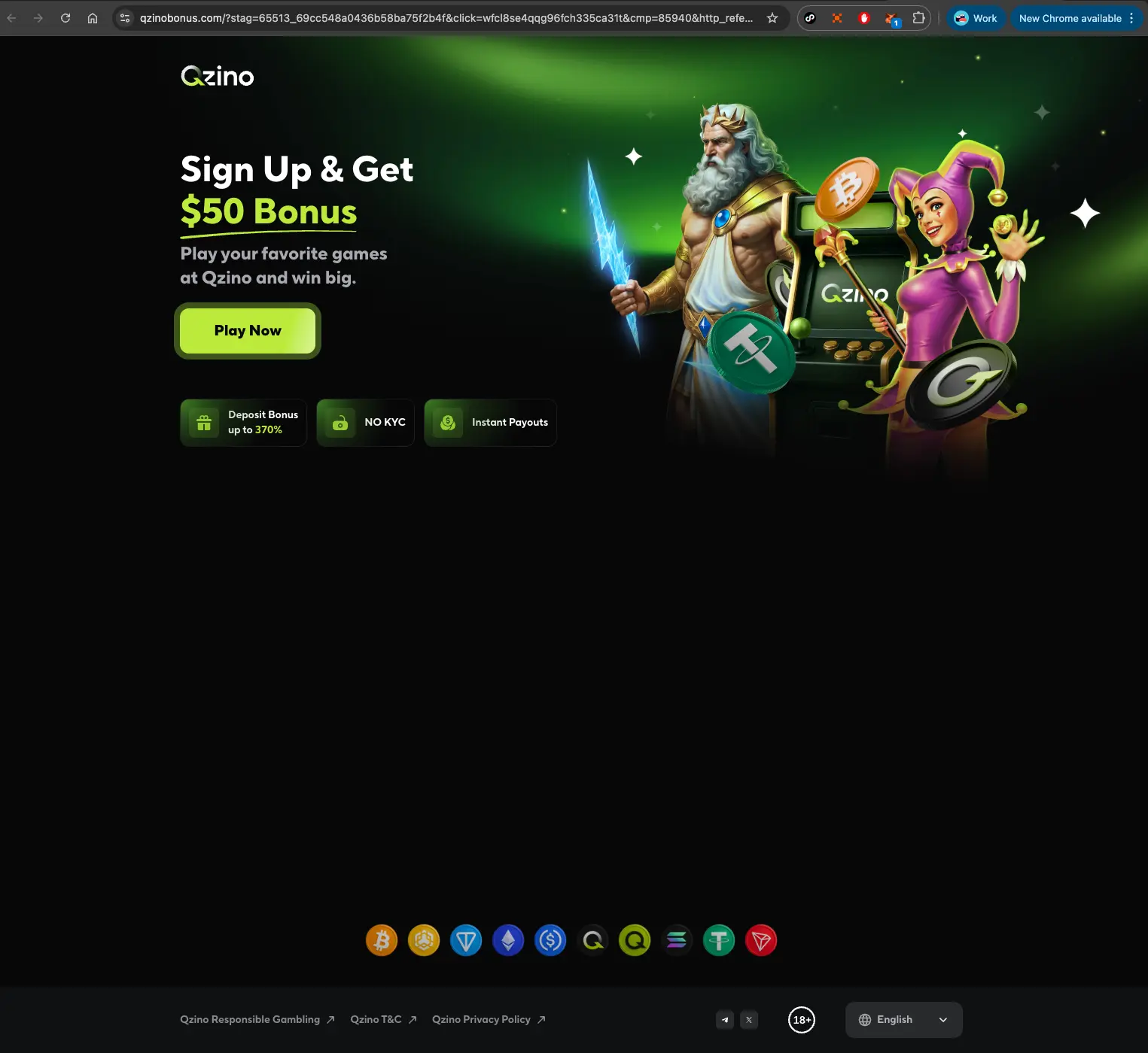 Qzino casino sign up bonus page