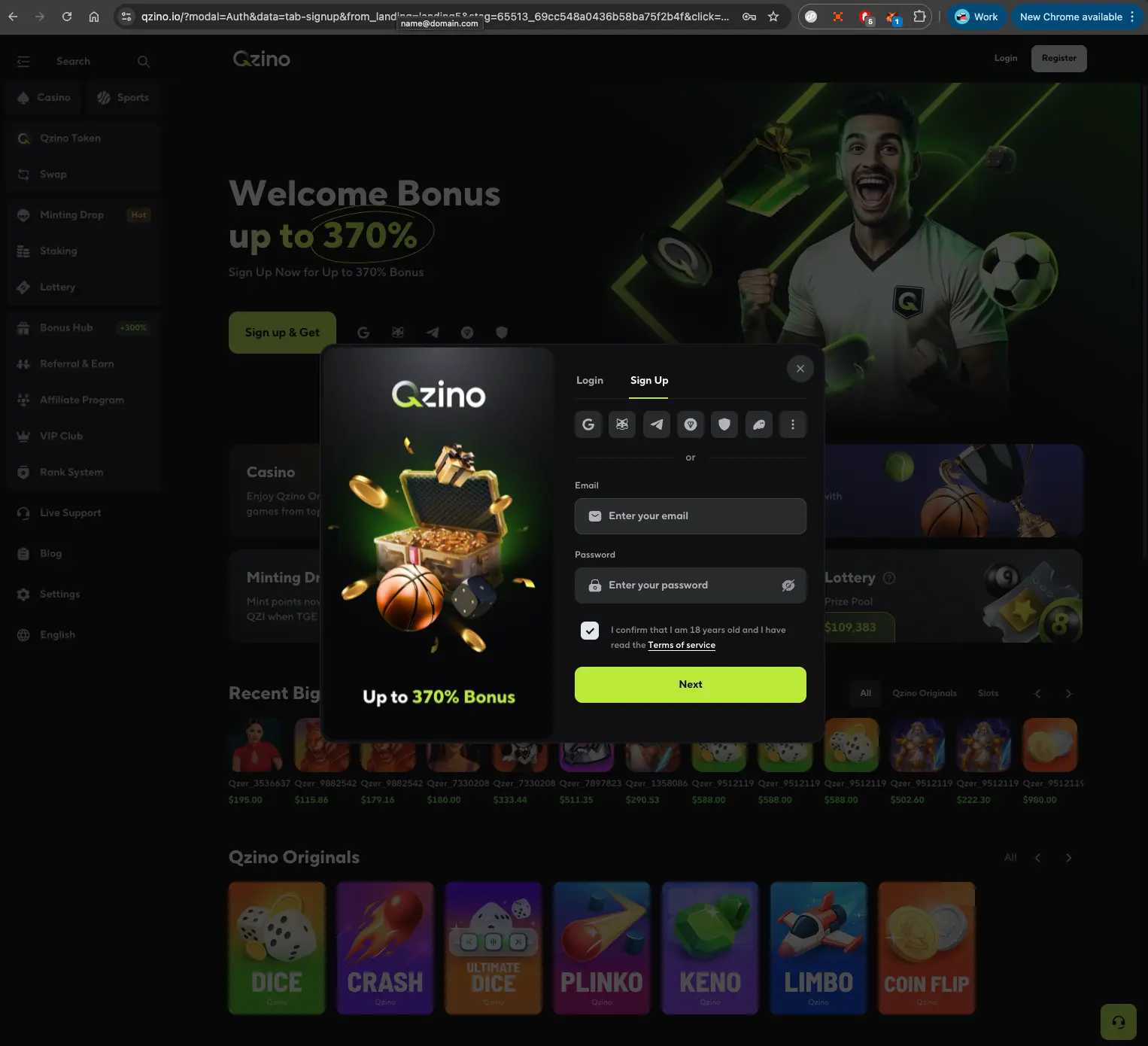 Qzino casino sign up section