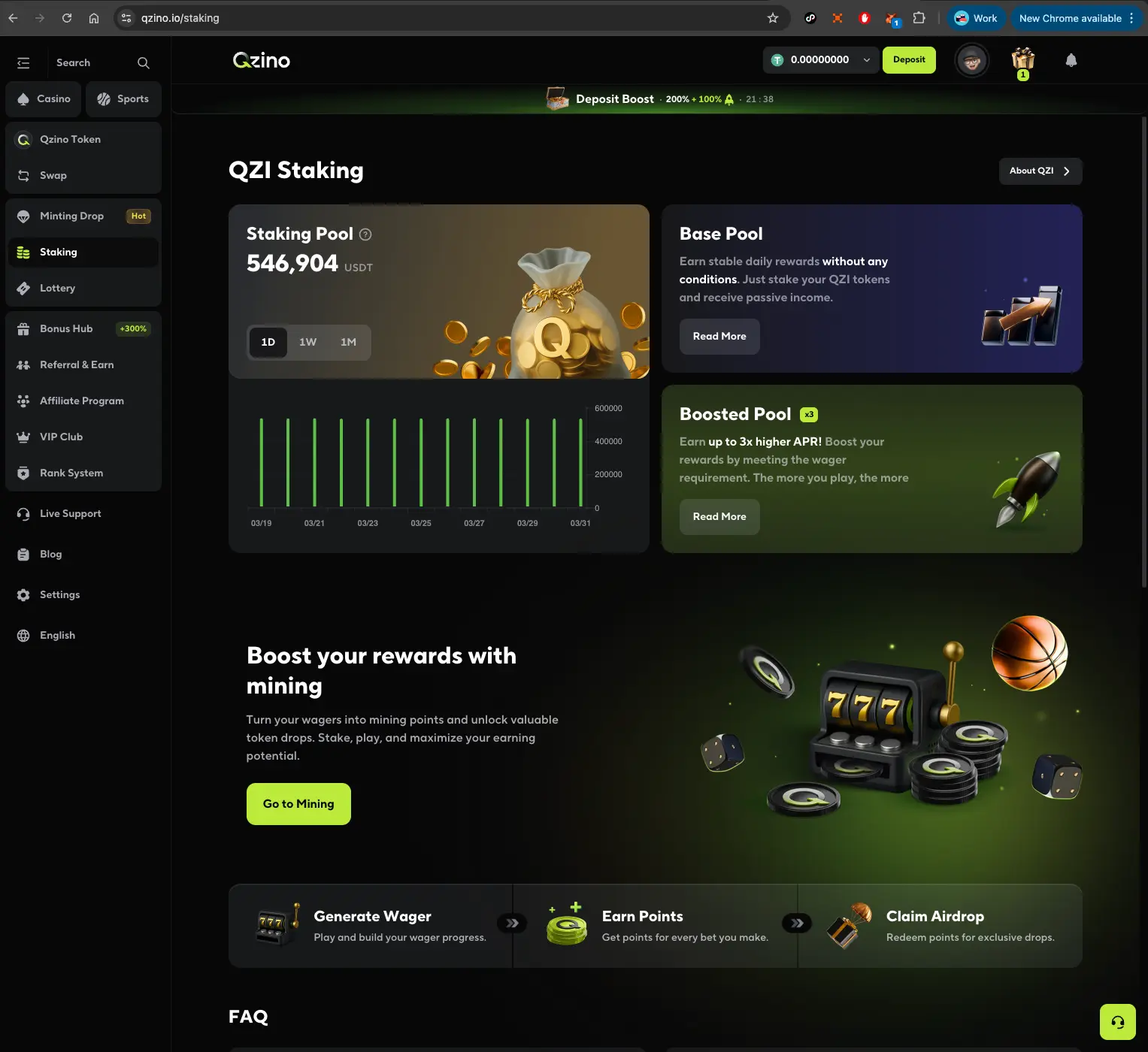 Qzino casino staking page