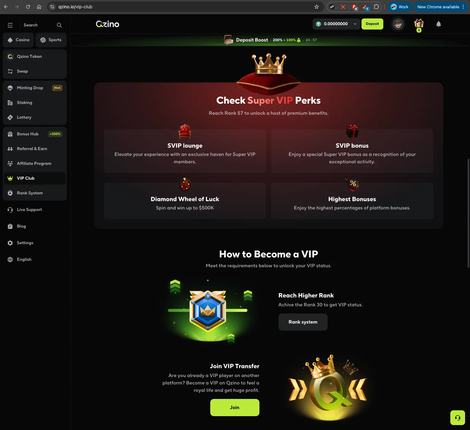 Qzino casino Super VIP benefits section