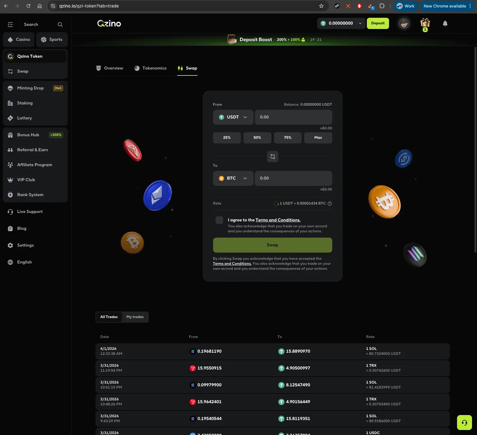 Qzino casino swap page