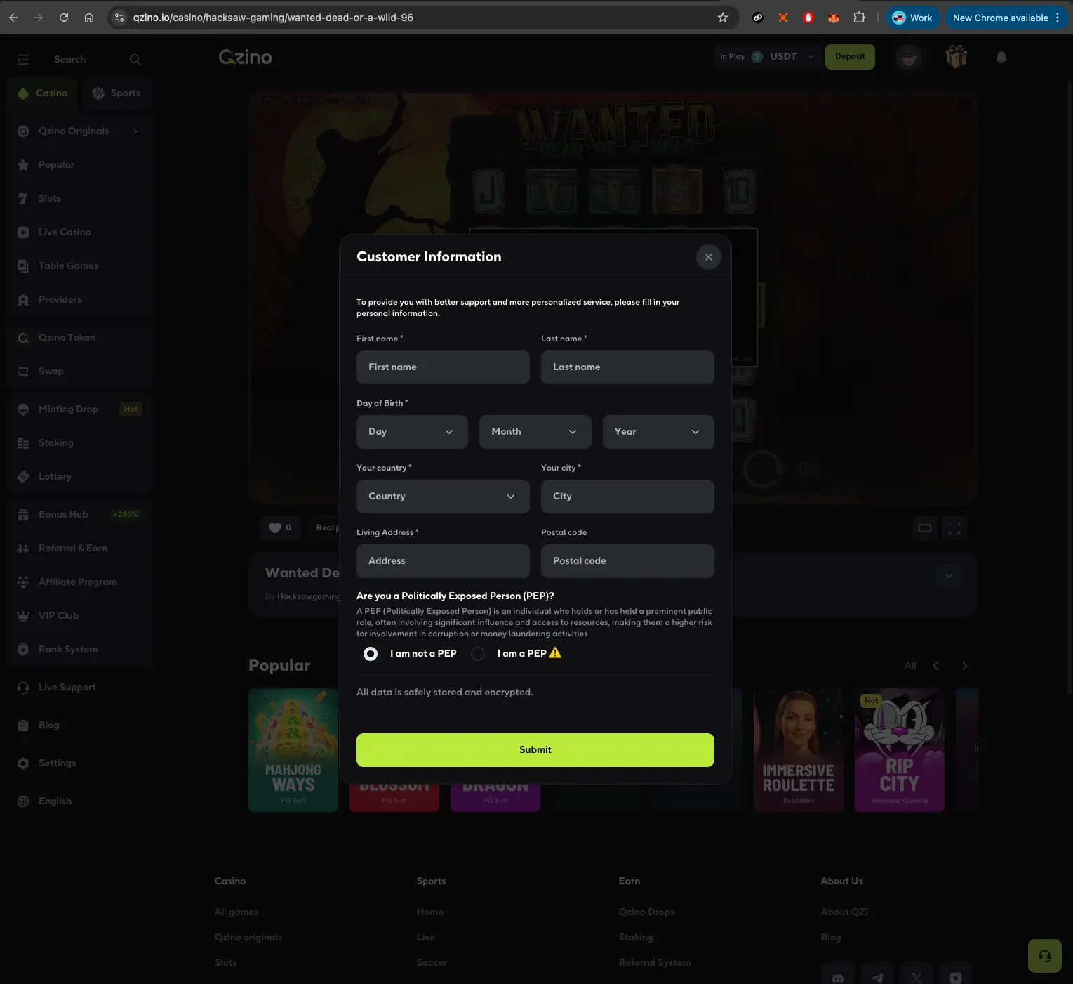 Qzino casino user information screen