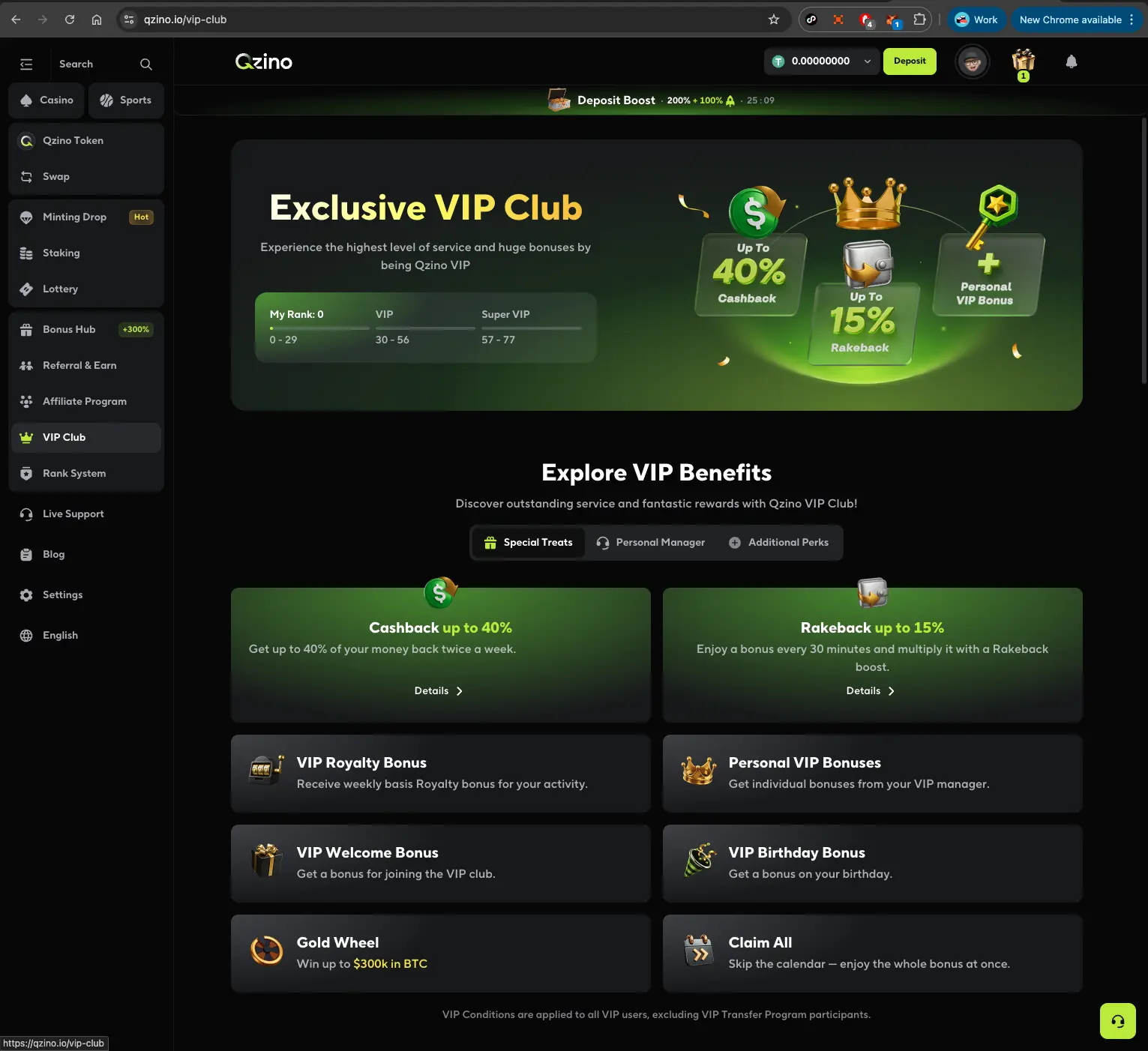 Qzino casino VIP Club page