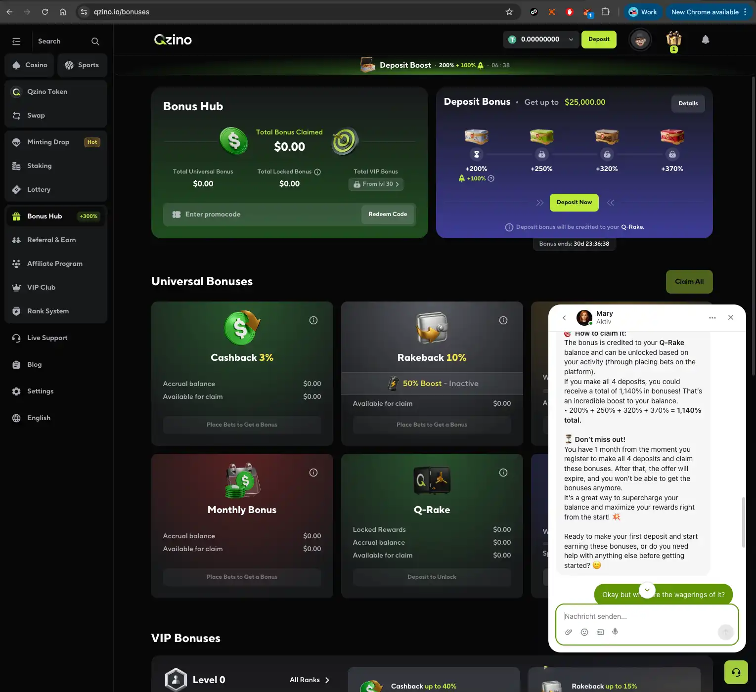 Qzino casino live chat about wager