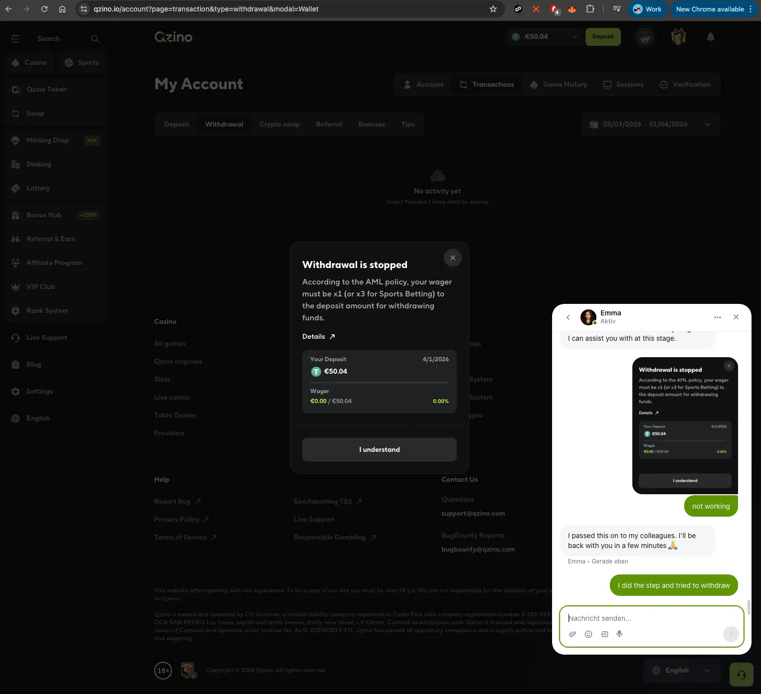 Qzino casino live chat about withdrawal