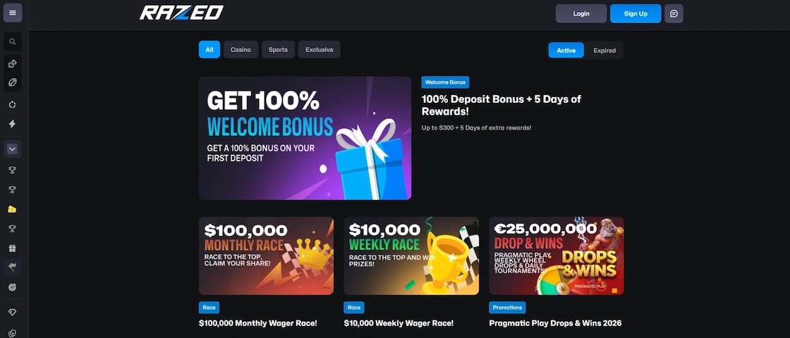 Screenshot of Razed Casino’s promotions page.
