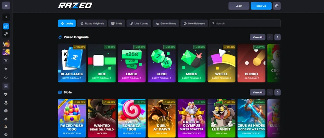 Screenshot of Razed Casino’s game lobby.
