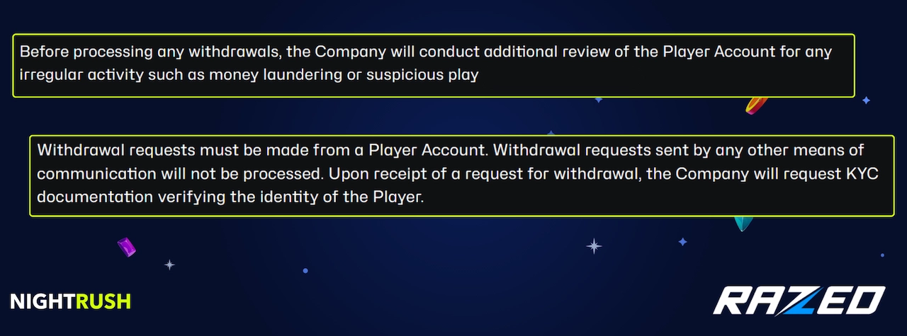 Callout boxes show the section about KYC, the Razed logo and the Nightrush logo.