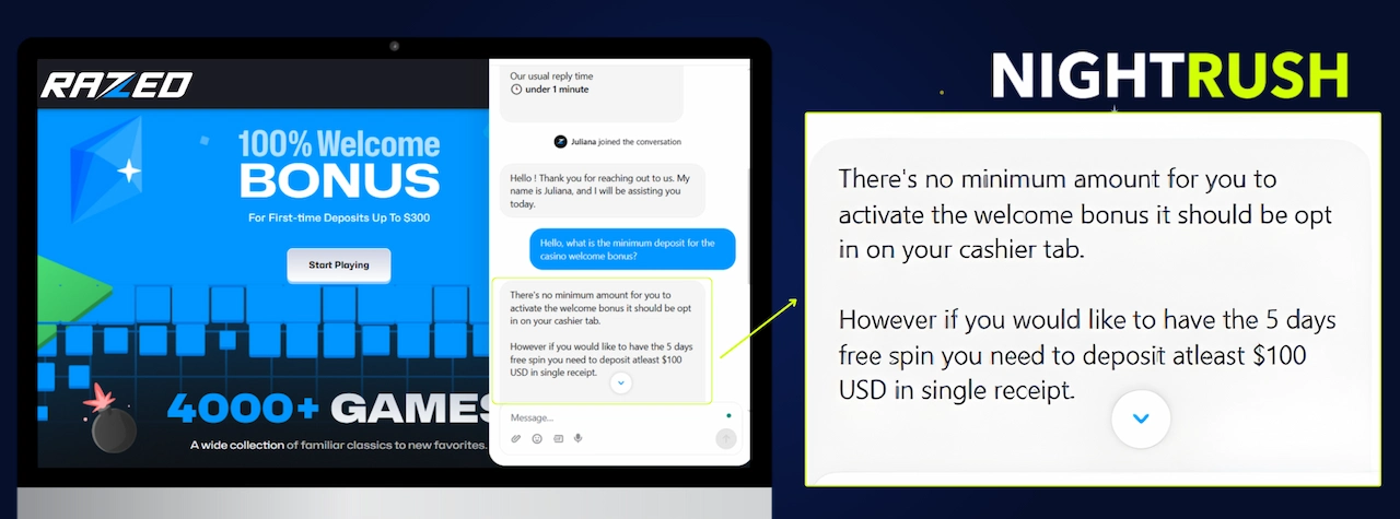 Laptop shows Razed Casino website. A callout box highlights live chat conversation.