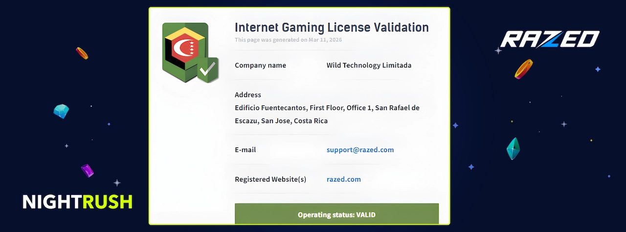 A callout box shows an Anjouan gambling licence, the Nightrush logo, the Razed logo.