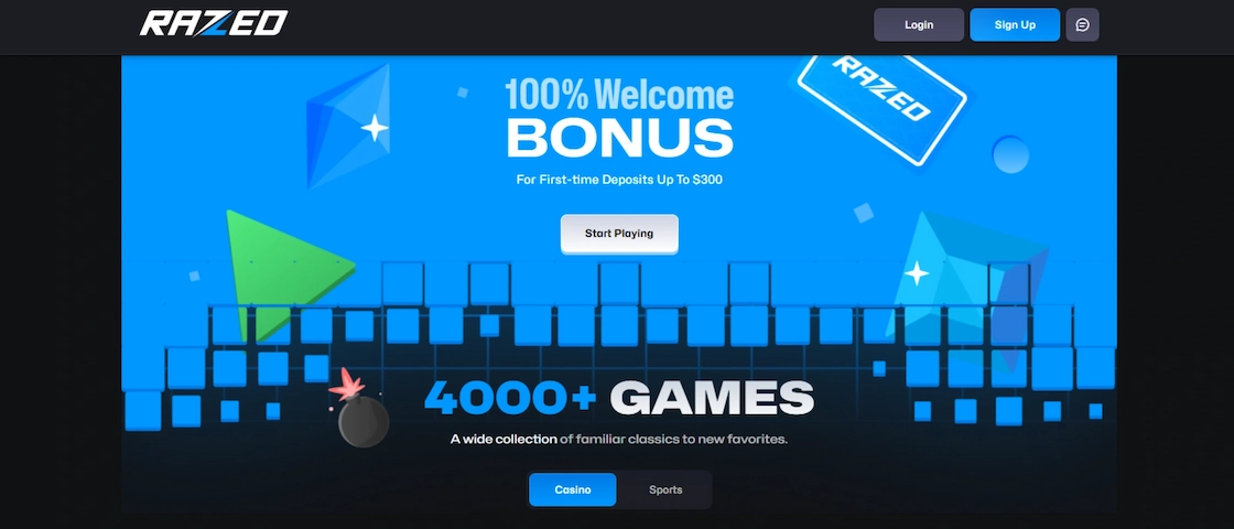 Screenshot of Razed Casino’s homepage.