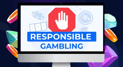 Responsible Gambling graphic on a computer screen featuring a stop sign hand and 18+ icon.