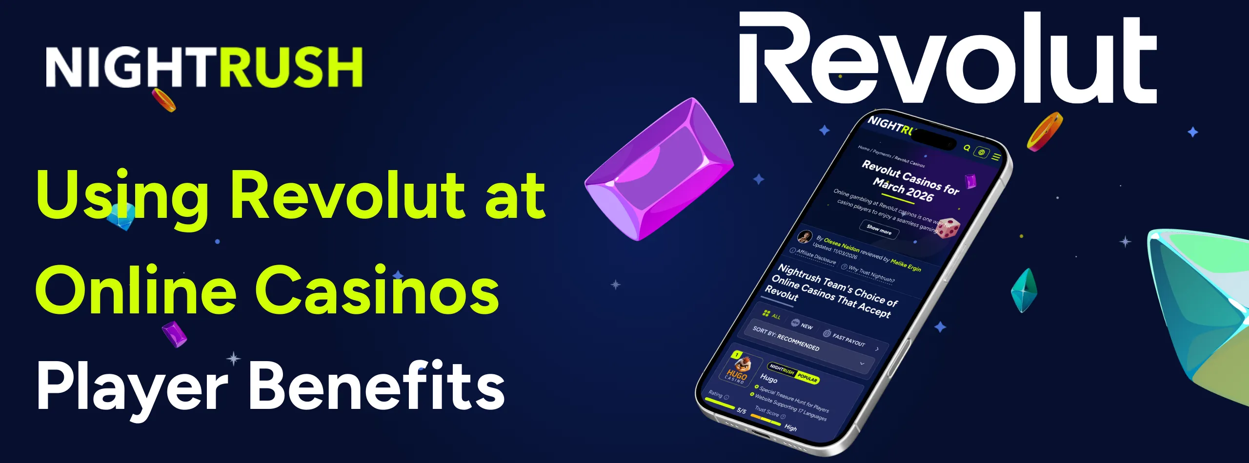 A graphic displaying a smartphone, Revolut logo, and text about player benefits at online casinos.