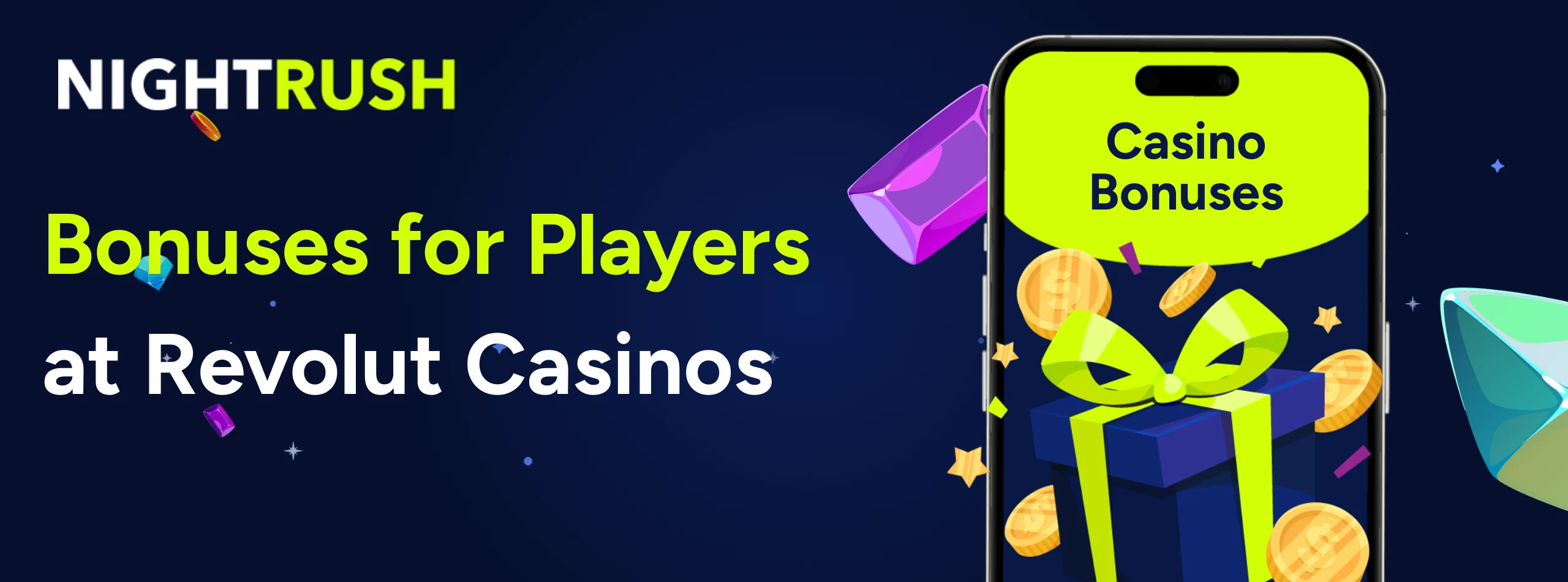 A phone displays Casino Bonuses next to a gift box, titled Bonuses for Players at Revolut Casinos.