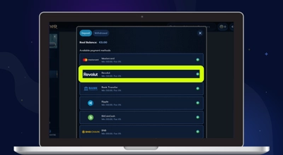 A laptop shows a casino deposit screen with Revolut highlighted as an available payment method.