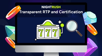 A monitor displays the Transparent RTP and Certification page, featuring a slot machine icon.
