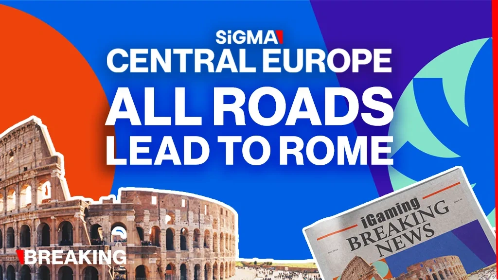 Colorful event banner featuring the Roman Colosseum with bold text SiGMA Central Europe: All Roads Lead to Rome. Includes a 'Breaking News newspaper and energetic graphics.