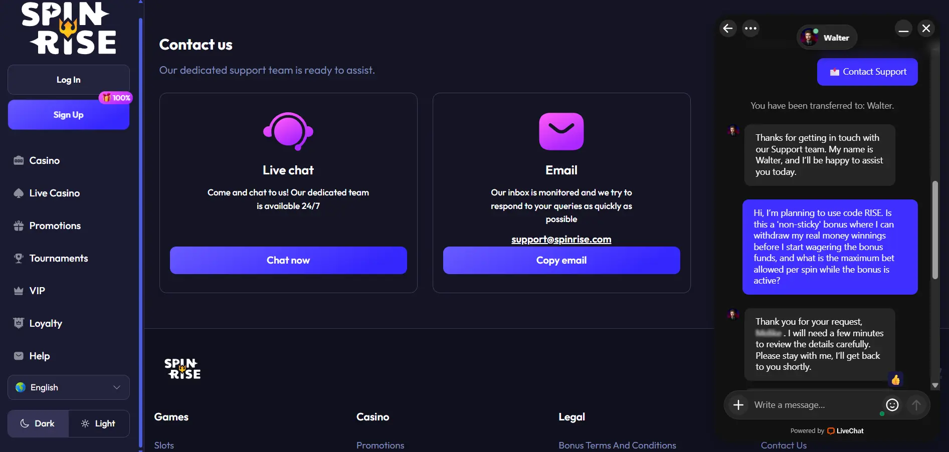 Live chat conversation on Spinrise Casino against a black background.