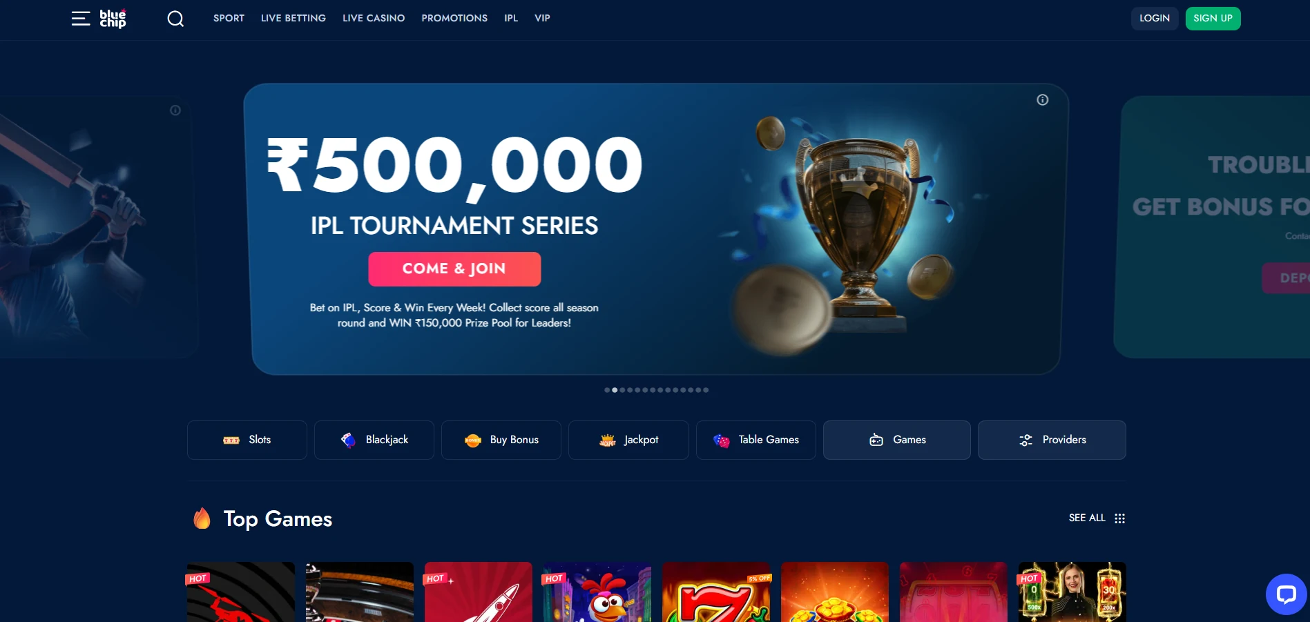 Bluechip Casino's main page with the tournament banner and filters against a blue background. 