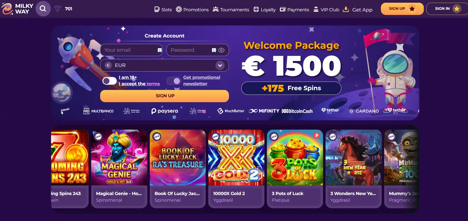 MilkyWay Casino's main page with games and a banner against a purple background.