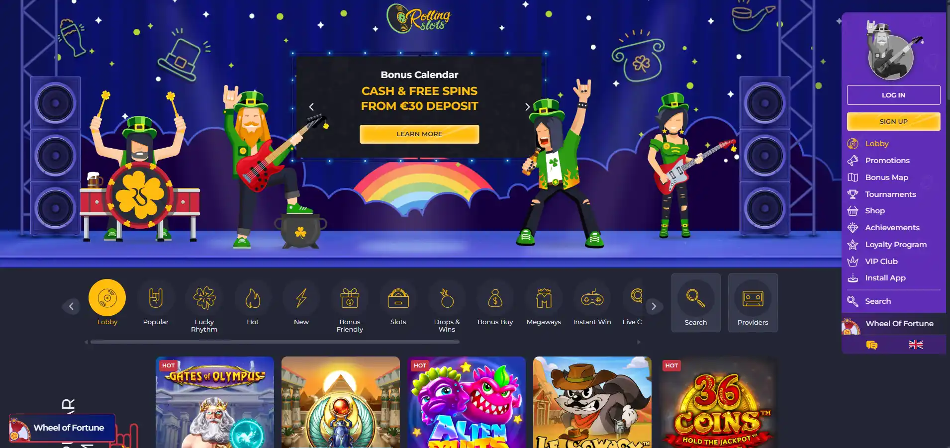 Rolling Slots' homepage with a band-performing banner, a menu and games against a grey background.