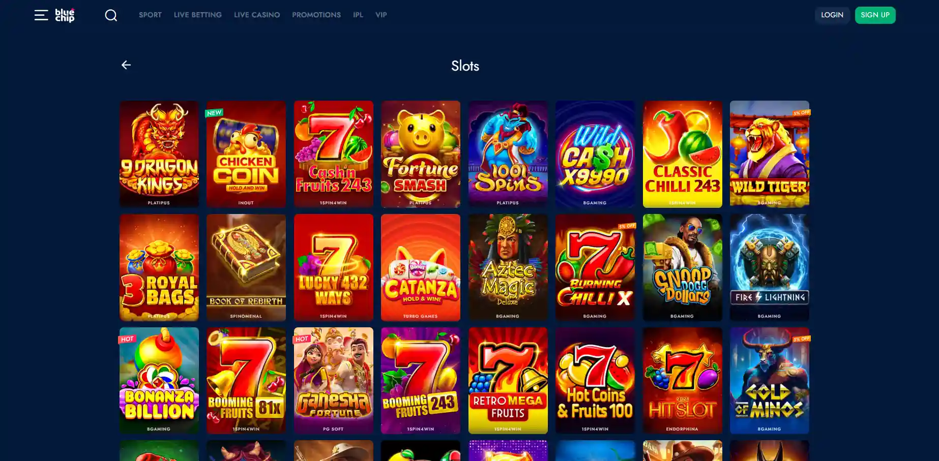 Bluechip Casino's slots with selected titles against a blue background. 