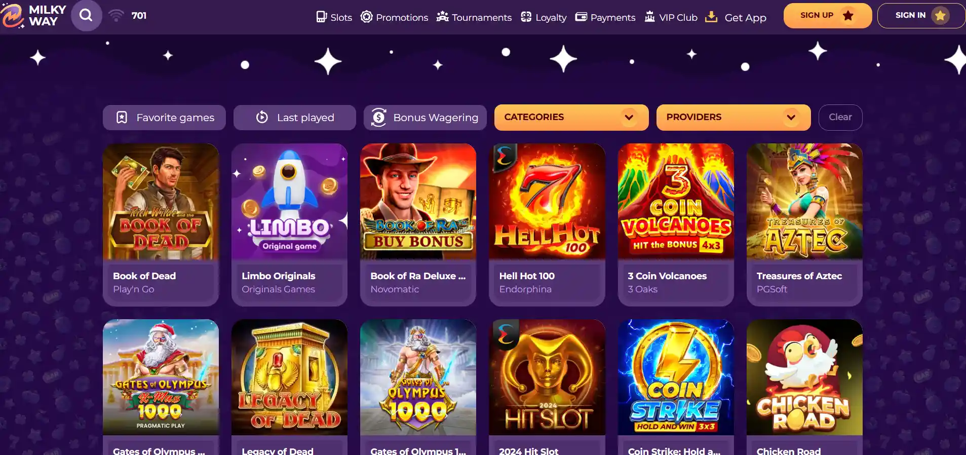 MilkyWay Casino's slot page with selected titles and filters against a purple background.