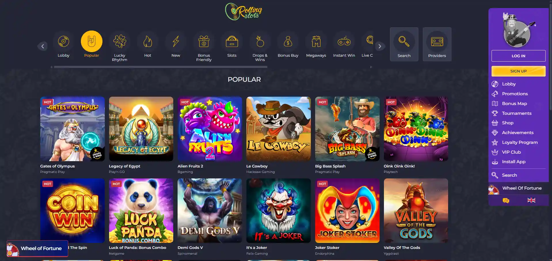 Rolling Slots' games with a menu and popular games against a grey background.