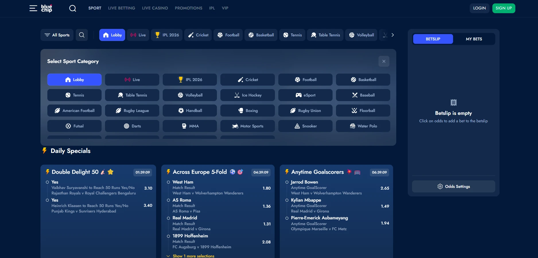 Bluechip Casino's sportsbook with selected sports and filters against a blue background.

