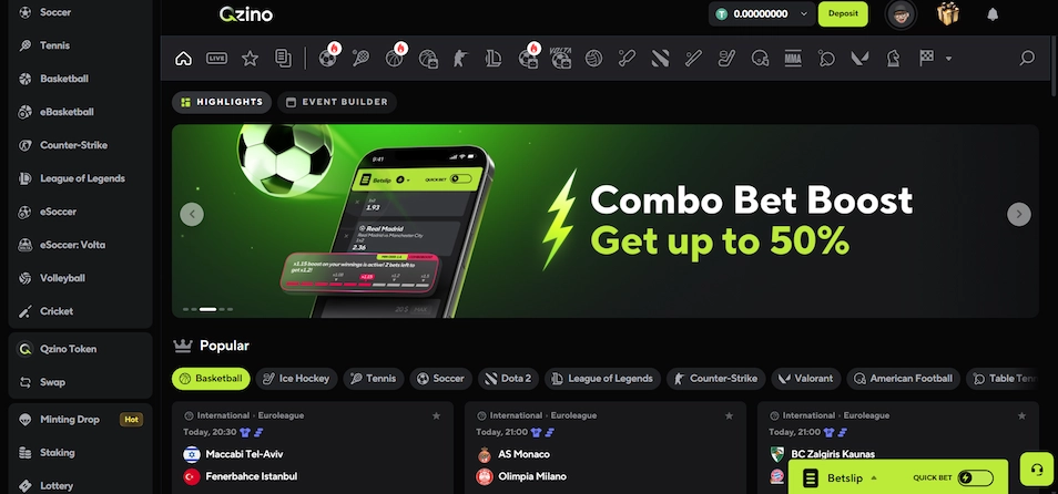 Qzino Casino's sports with a banner, filtering options and a menu against a black background