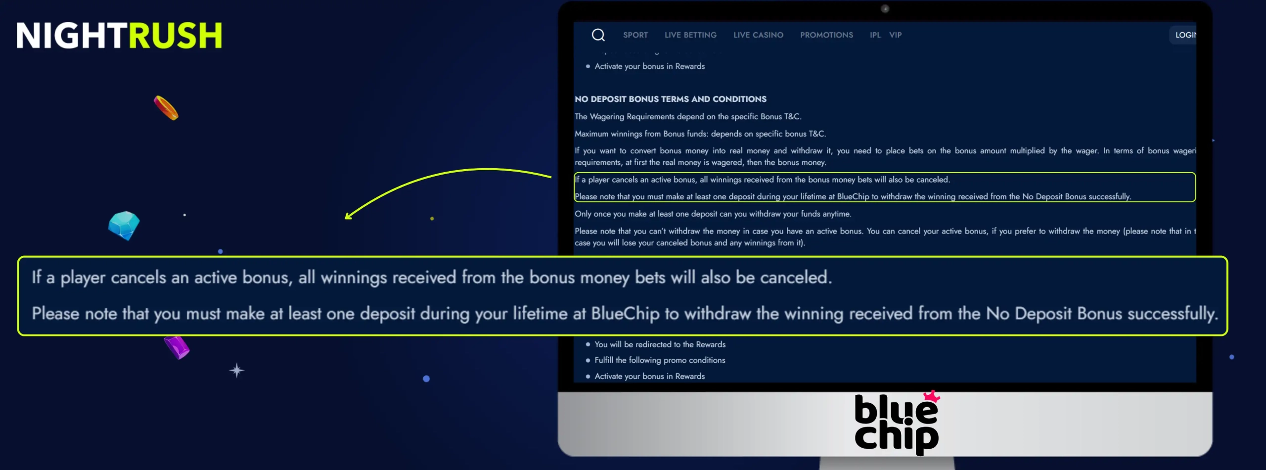 Bluechip Casino's terms with the active bonus rule highlighted against a blue background.