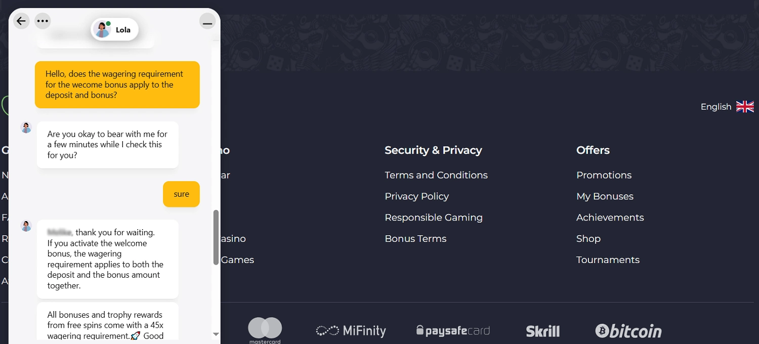 Rolling Slots' live chat conversation about wagering against a grey background.