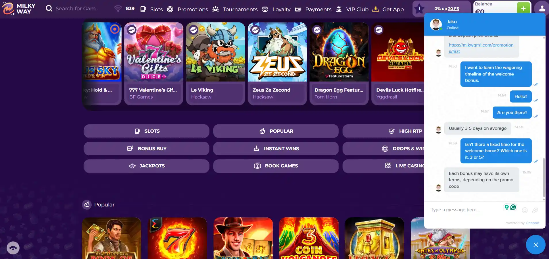 MilkyWay Casino's live chat with the Nightrush editor talking against a purple background.