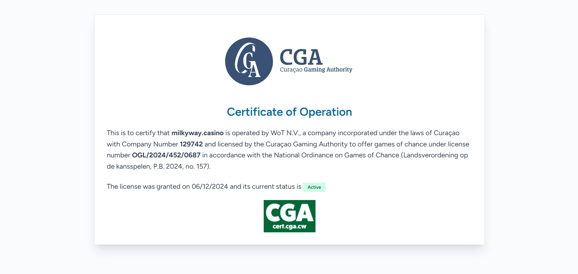 MilkyWay Casino's certificate of operation against a white background.