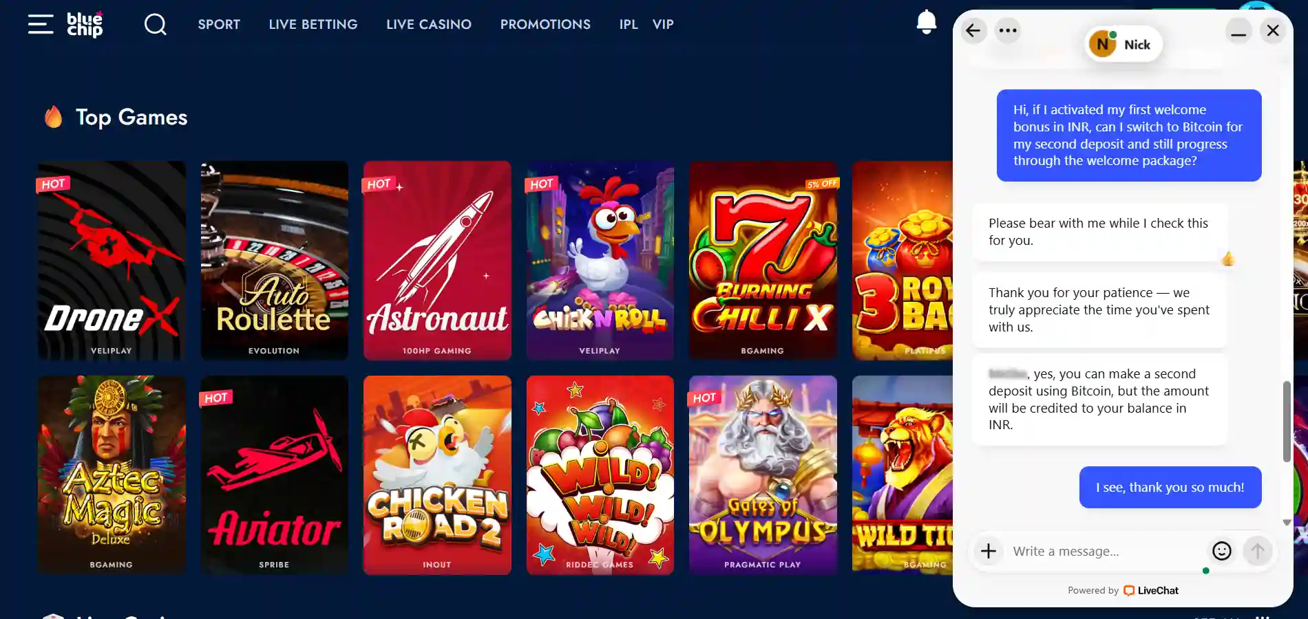 Bluechip Casino's live chat conversation with the Nightrush editor against a blue background.

