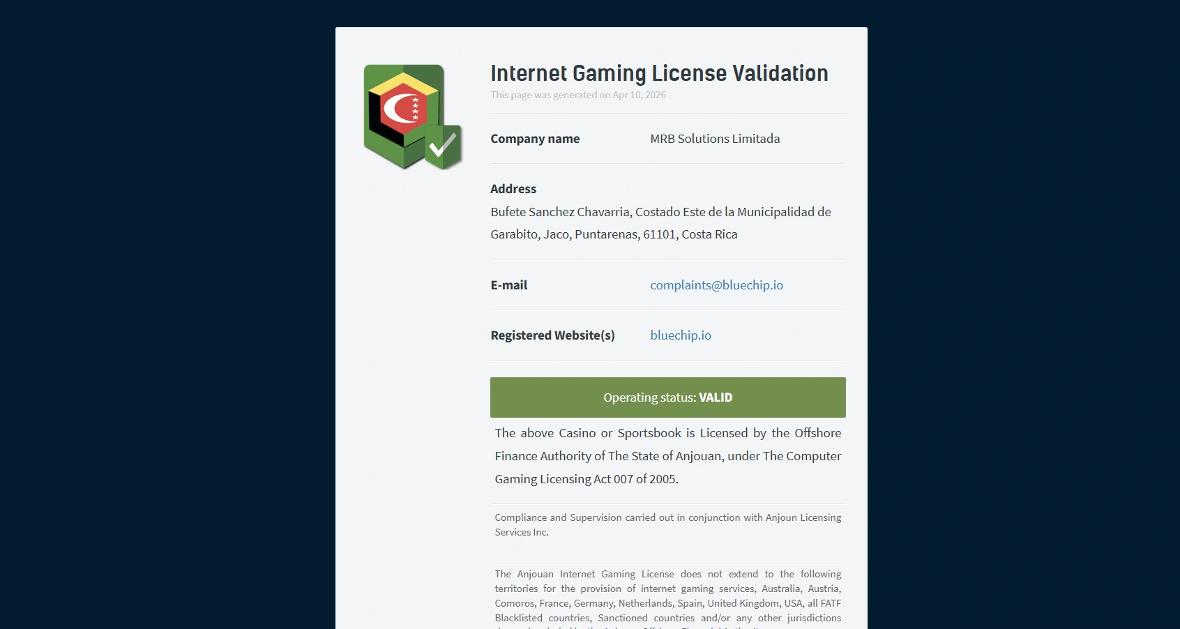 Bluechip Casino's Anjouan Gaming licence details against a blue background.
