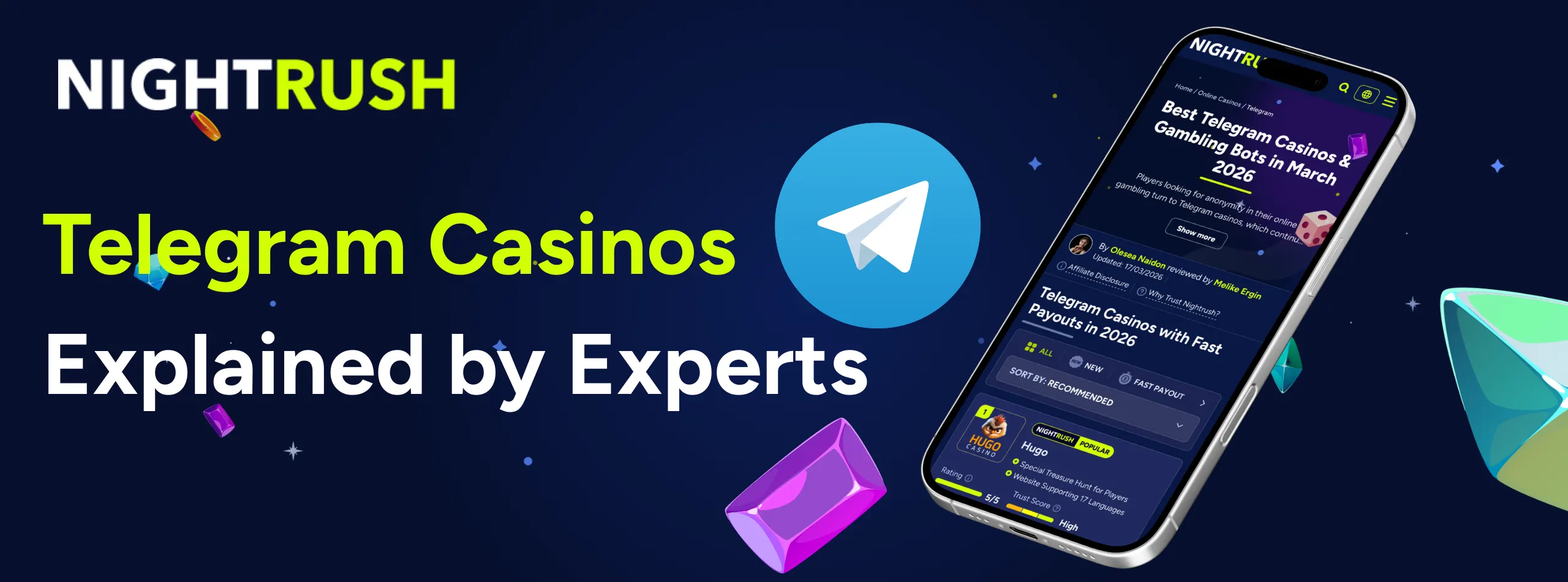 A smartphone displays a Telegram casino guide titled Telegram Casinos Explained by Experts.