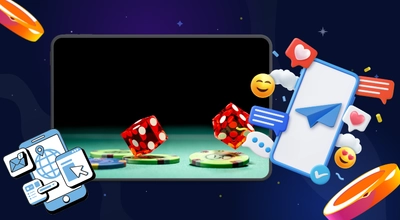 A laptop displays a page about Telegram casino bots with diverse slot game icons.