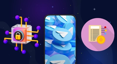 A phone screen filled with Telegram logos, flanked by a 3D security lock and a checklist graphic.