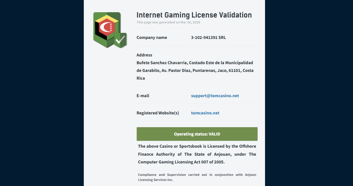 Tomcasino licence information