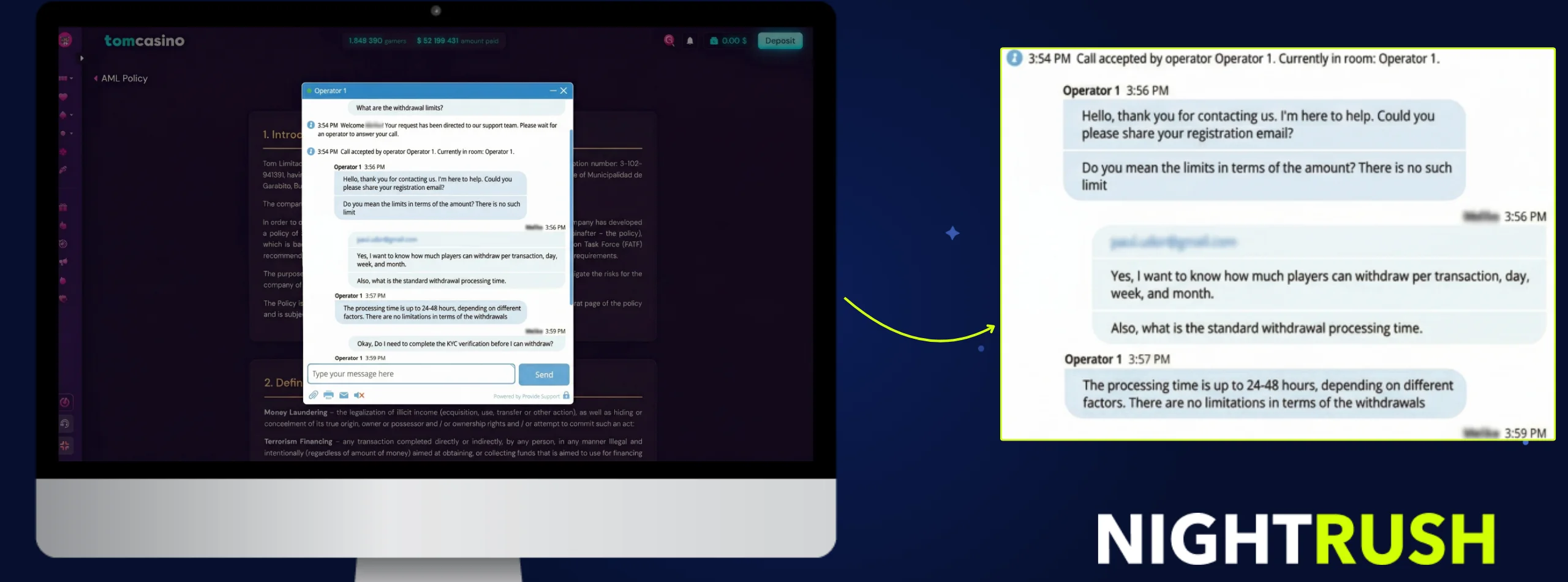 Tomcasino live chat conversation
