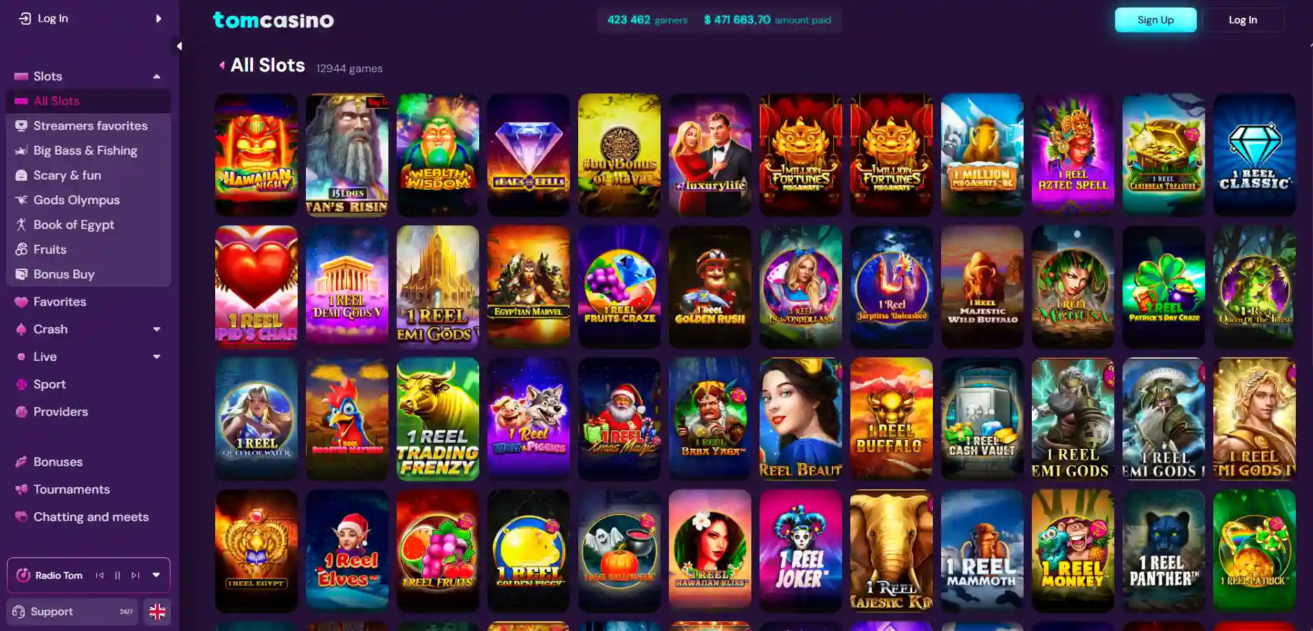 Tomcasino slot games page