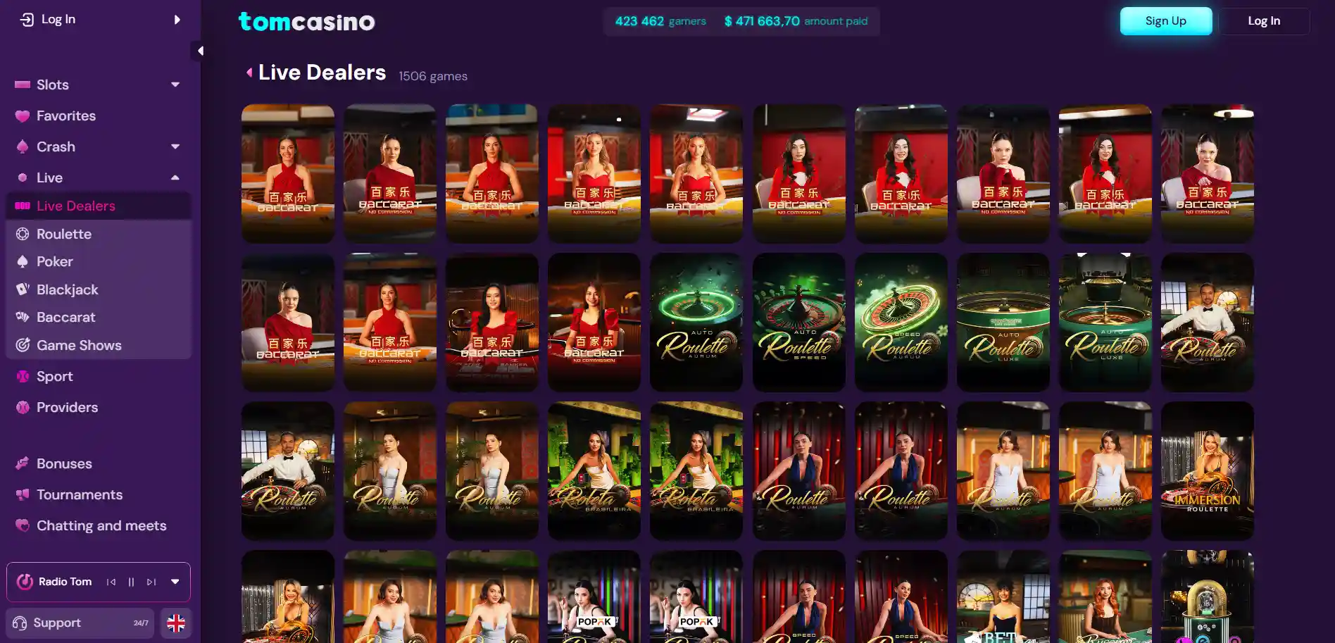 Tomcasino live casino page