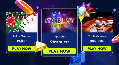 Poker, Starburst slot game, and Roulette