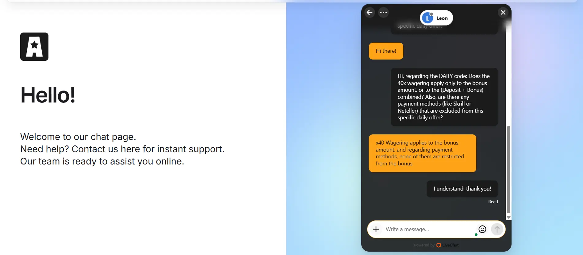 Live chat conversation on Vegas Nova Casino against a white background.