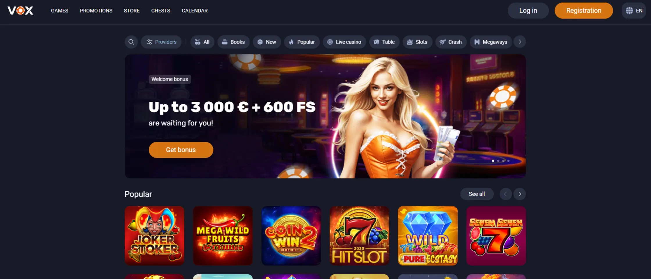 Screenshot of VOX Casino’s homepage