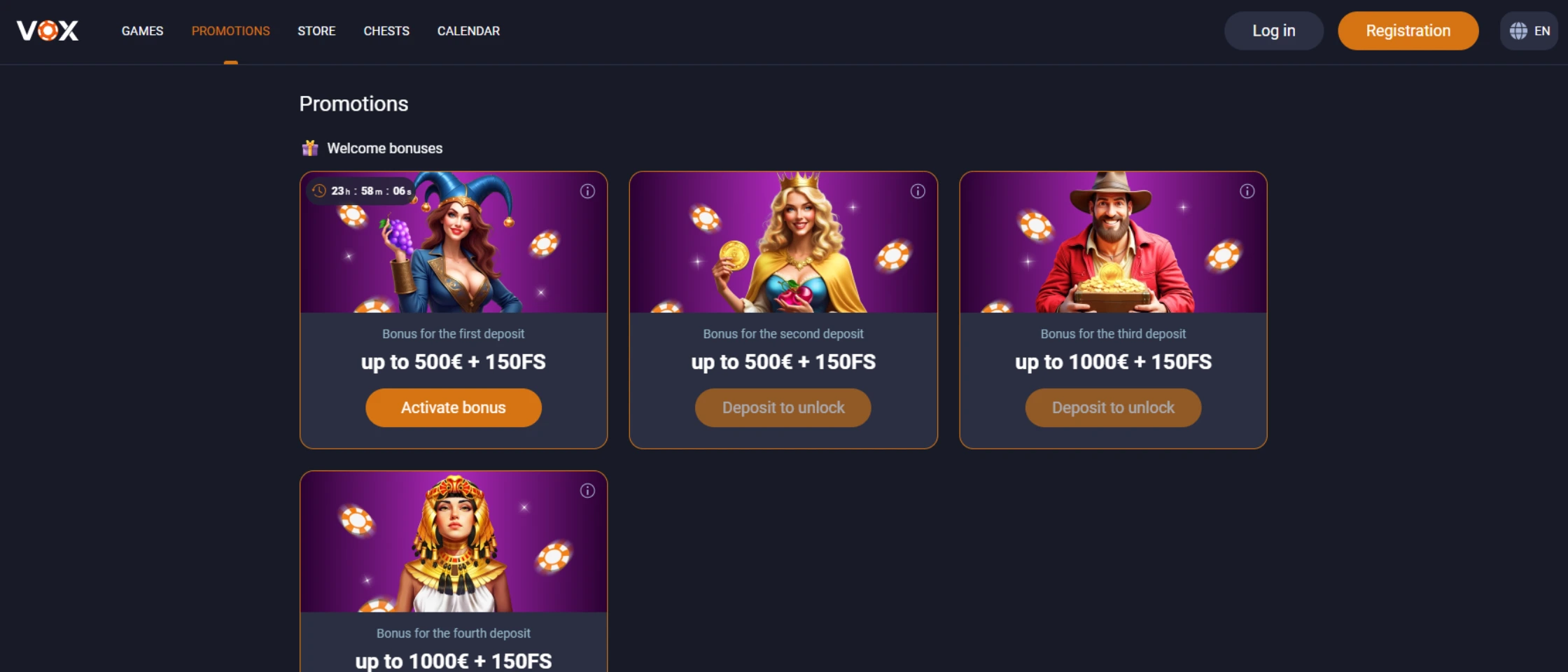 Screenshot of VOX Casino’s promotions page