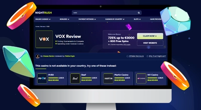 The laptop shows the VOX Casino Review page on the Nightrush website.