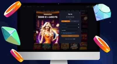 The laptop shows VOX Casino’s registration form.