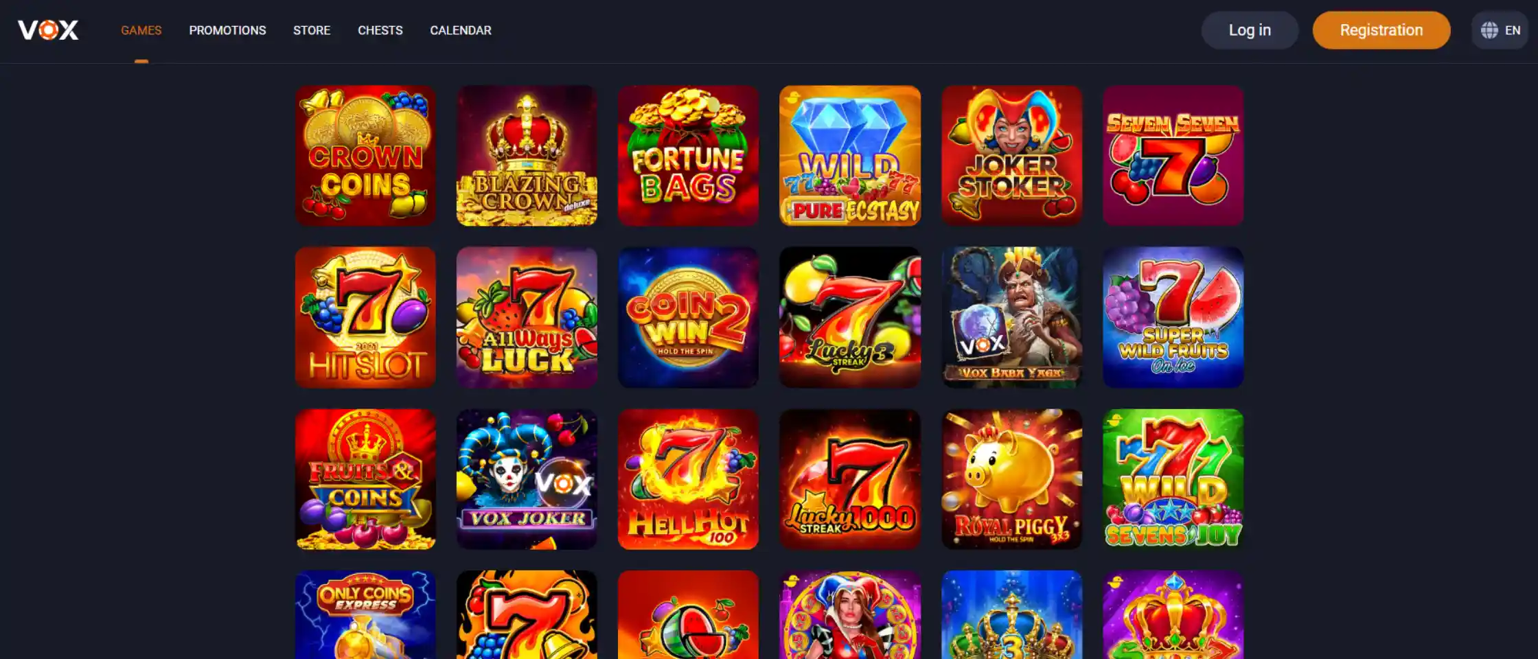 Screenshot of VOX Casino’s game selection